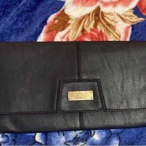 BCBG Paris Black Leather Clutch with Gold Accent